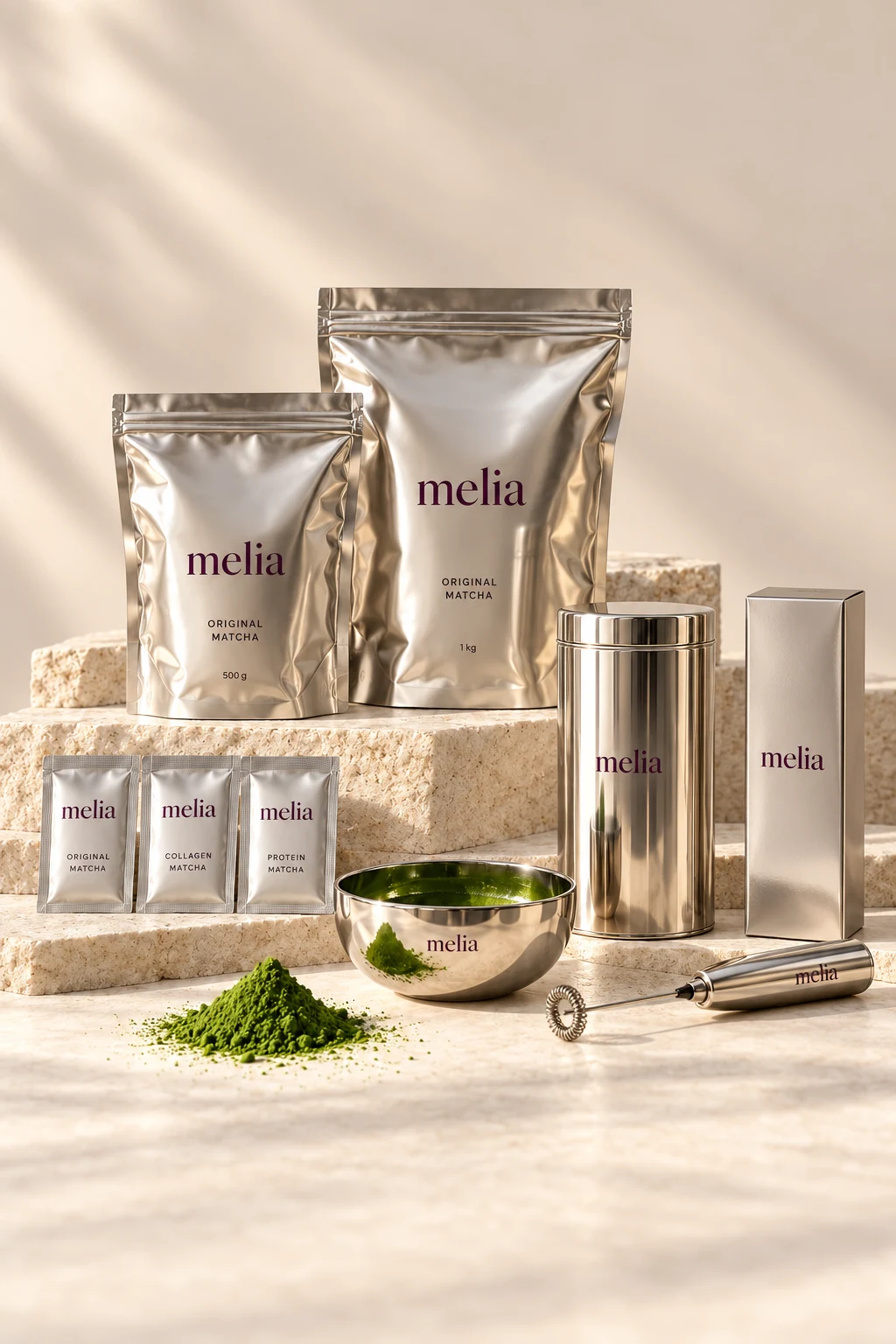 MELIA original, collagen and protein sachets, 500 g and 1 kg original matcha bags, a chrome tin, bowl and electric whisk beside a mound of green matcha on pale stone.